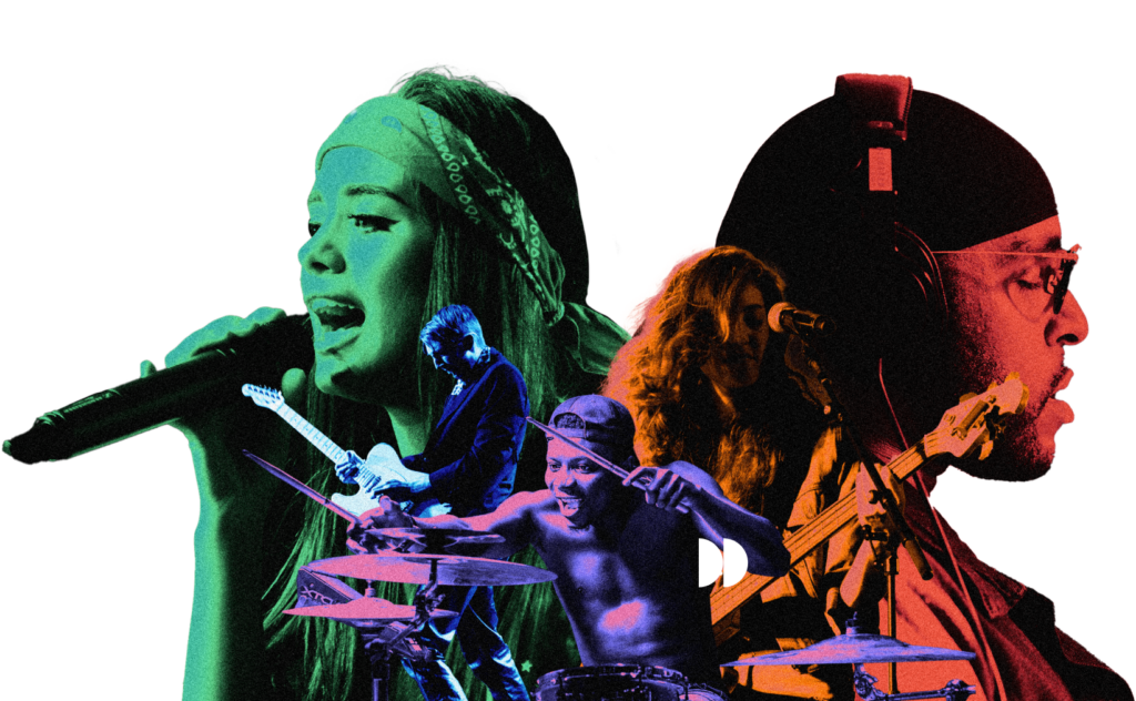 A collage featuring five musicians playing various instruments.