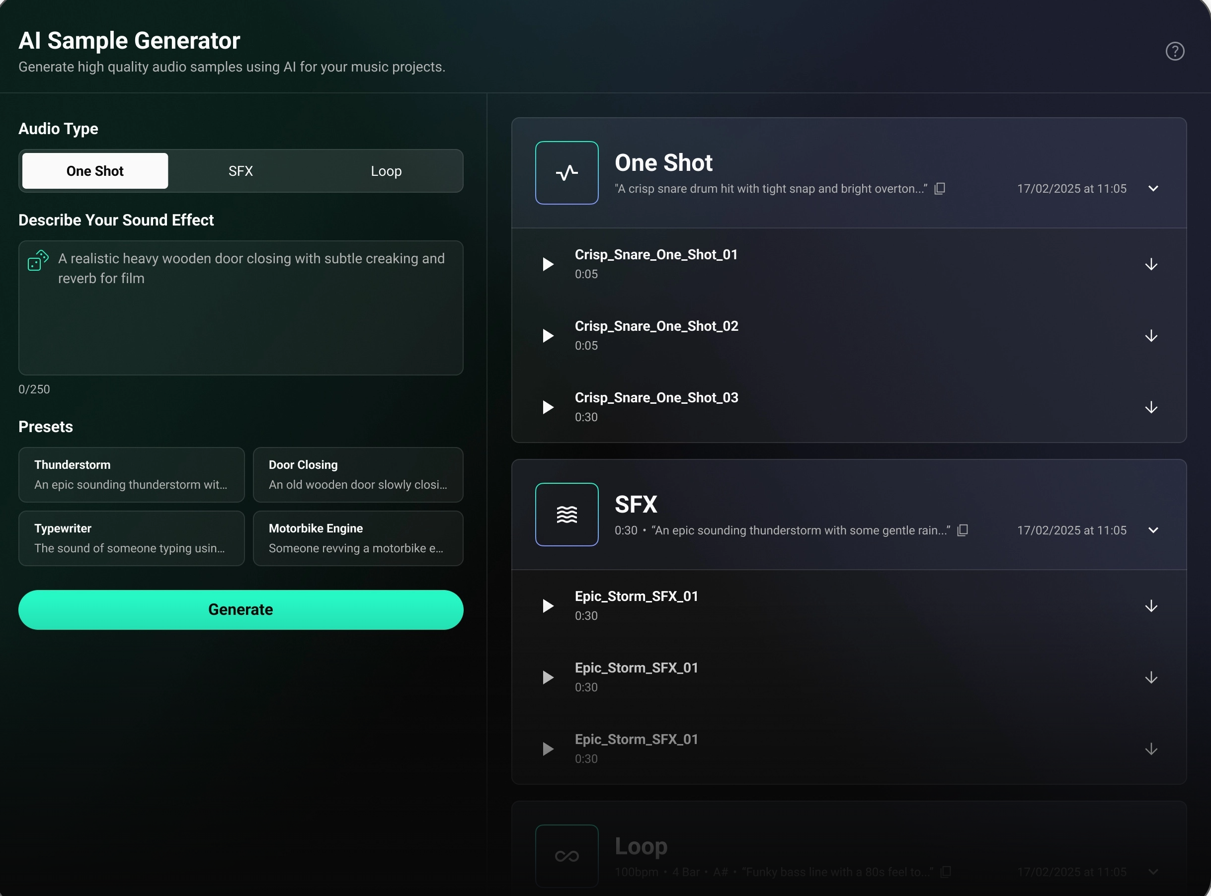 Loudly's Ai Sample generator page with three different audio types One-shot, loops and SFX